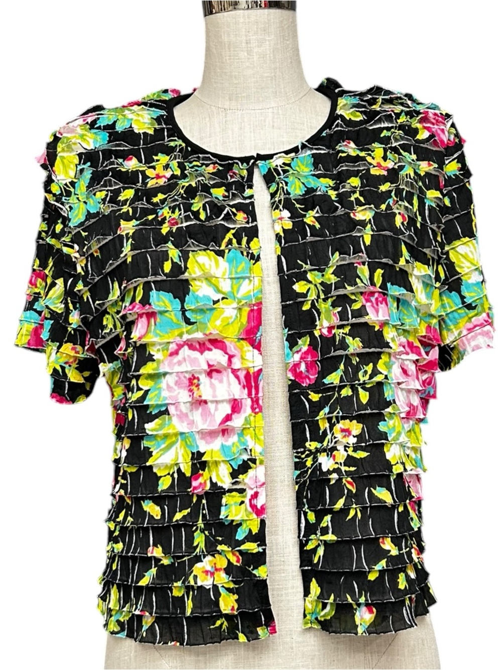 Floral Tiered Ruffle Open Front Jacket Size 12 K Studio Collection